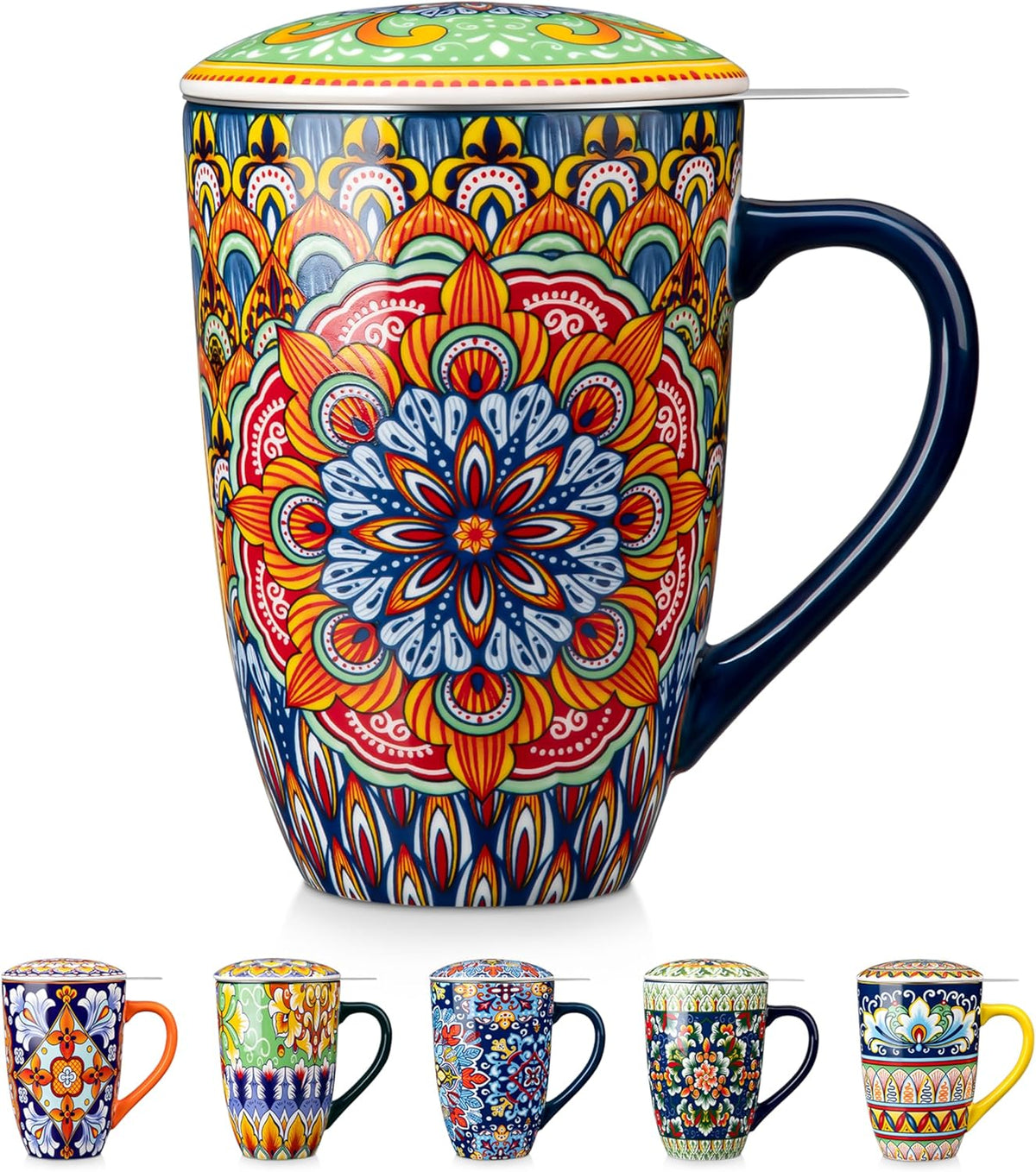 vancasso Ceramic Tea Mug with Infuser and Lid, 18 Ounce Bohemian Loose Leaf Cup, Microwave & Dishwasher Safe, Perfect for Tea, Coffee, Burnt-Cobalt Mandala
