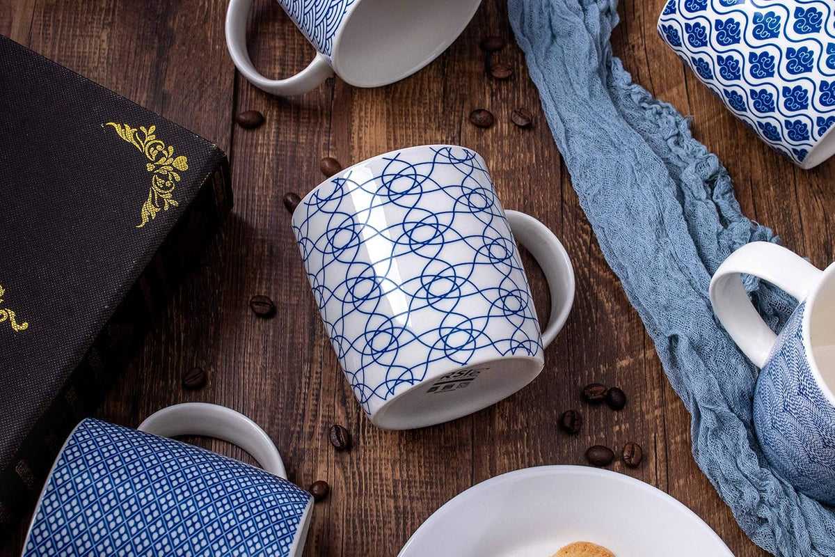 Set of 6 11.5 oz Coffee Mugs with Blue and White Geometric Patterns, Ceramic Tea Cup Set