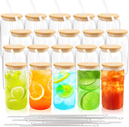 Joyclub 20Pcs Glass Cups with Bamboo Lids and Straws Bulk 16 oz Can Shaped | Clear drinking glasses include 20 cleaning brushes; reusable iced coffee tumbler wholesale for party wedding cafes shop gifts