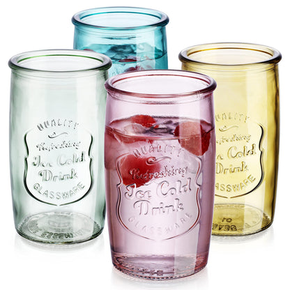 Glaver's Drinking Glasses – Set of 4 Authentic Mason Vintage Glassware – Clear Glass Tumblers for Cocktails, Water, Juice – Embossed Vintage Drinking Glasses