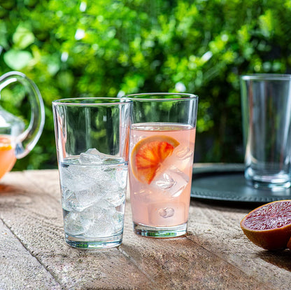 Le'raze 10pc Stackable Drinking Glasses, 16oz Clear Glass Cup Glassware Set | Dishwasher Safe, Freezer Proof, Lead & BPA Free, Heavy Base Highball Water Glasses, Tall Glass Beer Bar Tumblers, Giftable