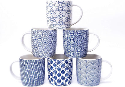Set of 6 11.5 oz Coffee Mugs with Blue and White Geometric Patterns, Ceramic Tea Cup Set