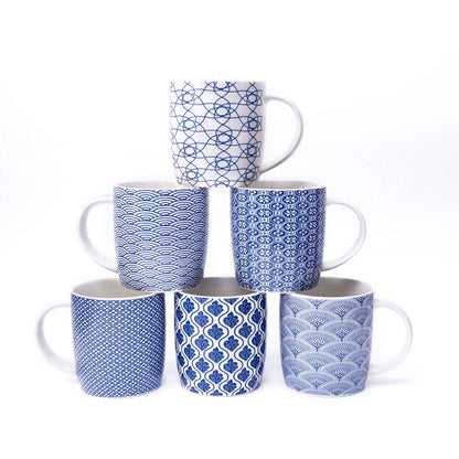 Set of 6 11.5 oz Coffee Mugs with Blue and White Geometric Patterns, Ceramic Tea Cup Set
