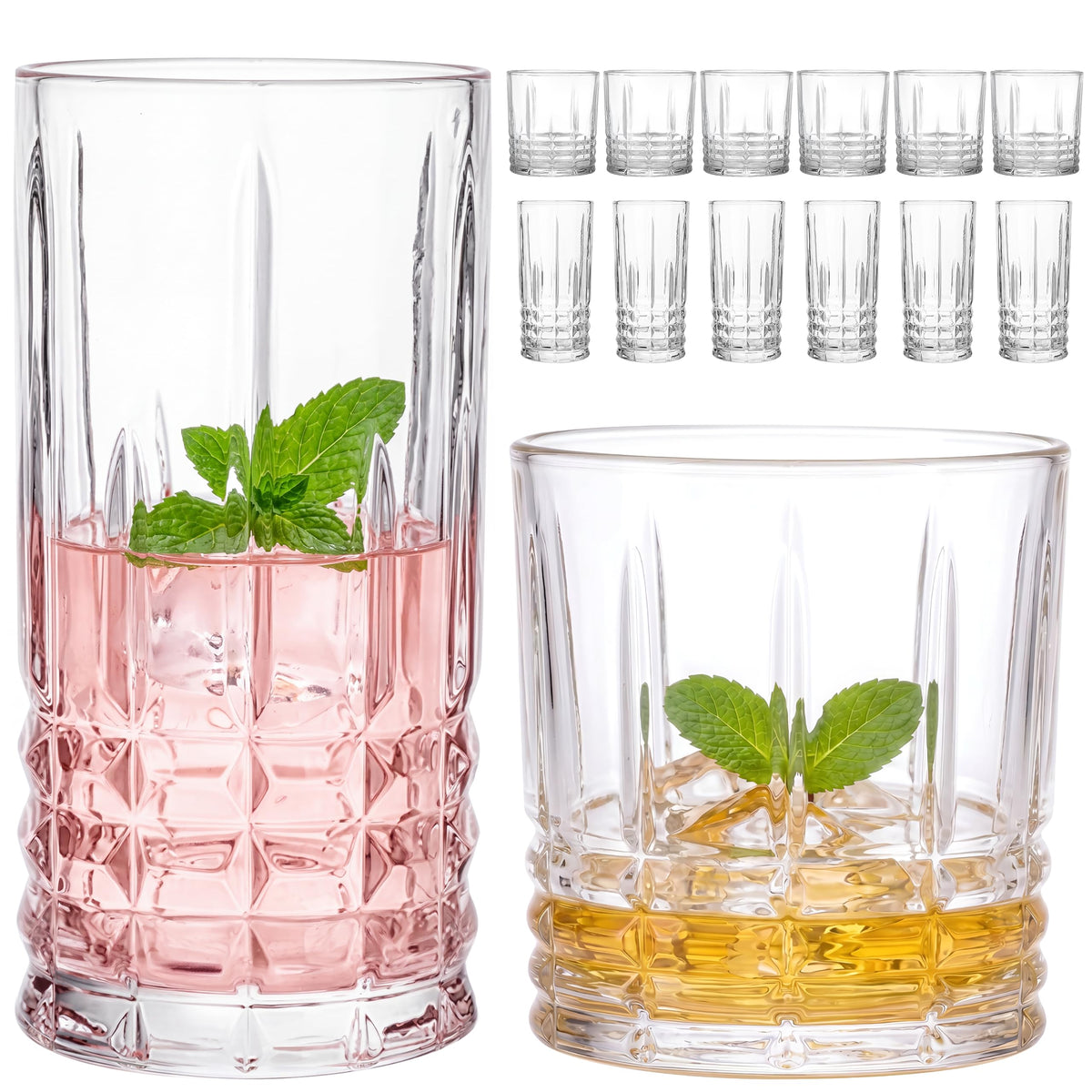 Moretoes Crystal Whisky Drinking Glasses Set of 12, Glass Cups | Mixed Glassware Set, 12 Oz Highball Glasses & 11 Oz Old Fashioned Glasses, Great for Cocktail and Other Beverages