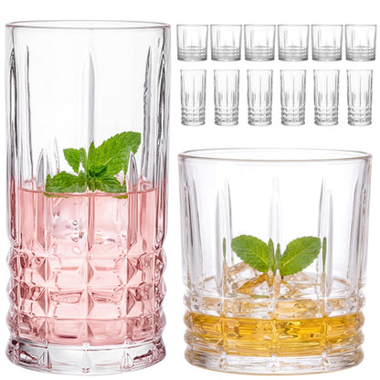 Moretoes Crystal Whisky Drinking Glasses Set of 12, Glass Cups | Mixed Glassware Set, 12 Oz Highball Glasses & 11 Oz Old Fashioned Glasses, Great for Cocktail and Other Beverages