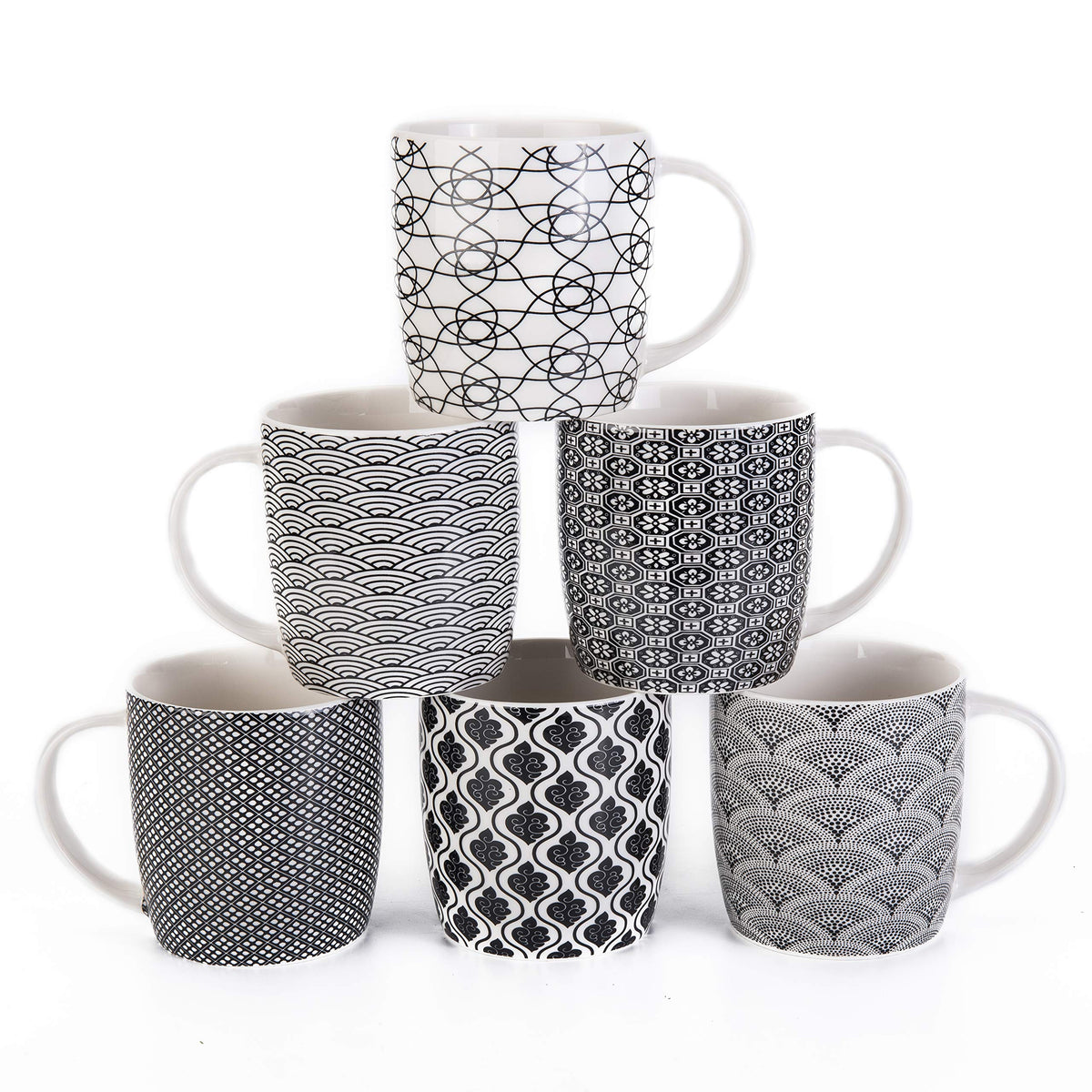 Set of 6 11.5 oz Coffee Mugs with Blue and White Geometric Patterns, Ceramic Tea Cup Set