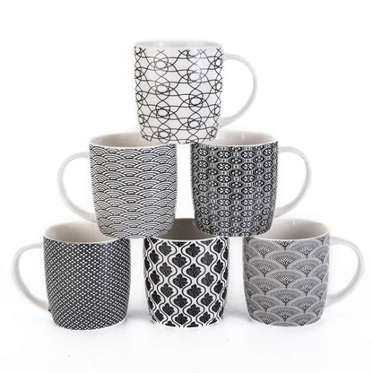 Set of 6 11.5 oz Coffee Mugs with Blue and White Geometric Patterns, Ceramic Tea Cup Set