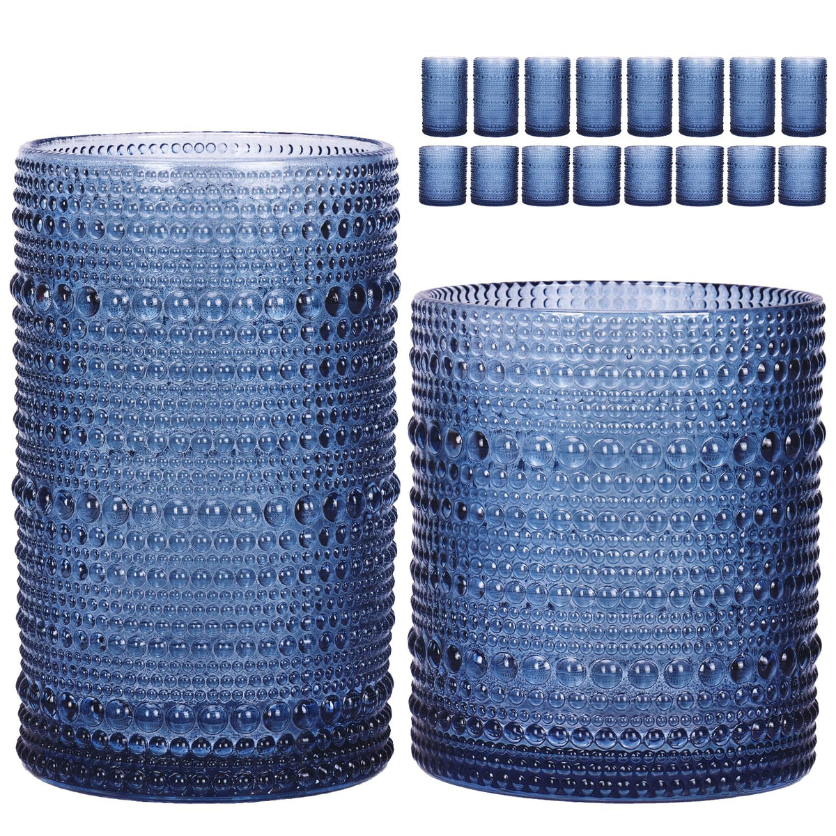 Moretoes Hobnail Drinking Glasses Set of 12, Vintage Water Glass Cups | 12 Oz Highball Glasses & 10 Oz Cocktail Glasses, Clear Embossed Boho Kitchen Bar Tumbler for Whiskey, Beer, Juice, Milk