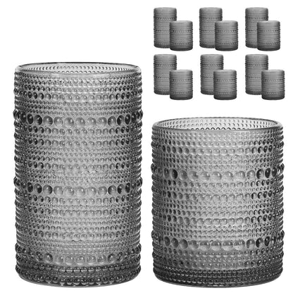 Moretoes Hobnail Drinking Glasses Set of 12, Vintage Water Glass Cups | 12 Oz Highball Glasses & 10 Oz Cocktail Glasses, Clear Embossed Boho Kitchen Bar Tumbler for Whiskey, Beer, Juice, Milk