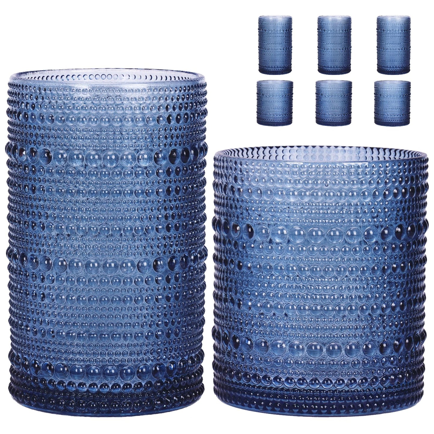 Moretoes Hobnail Drinking Glasses Set of 12, Vintage Water Glass Cups | 12 Oz Highball Glasses & 10 Oz Cocktail Glasses, Clear Embossed Boho Kitchen Bar Tumbler for Whiskey, Beer, Juice, Milk