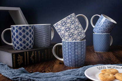 Set of 6 11.5 oz Coffee Mugs with Blue and White Geometric Patterns, Ceramic Tea Cup Set