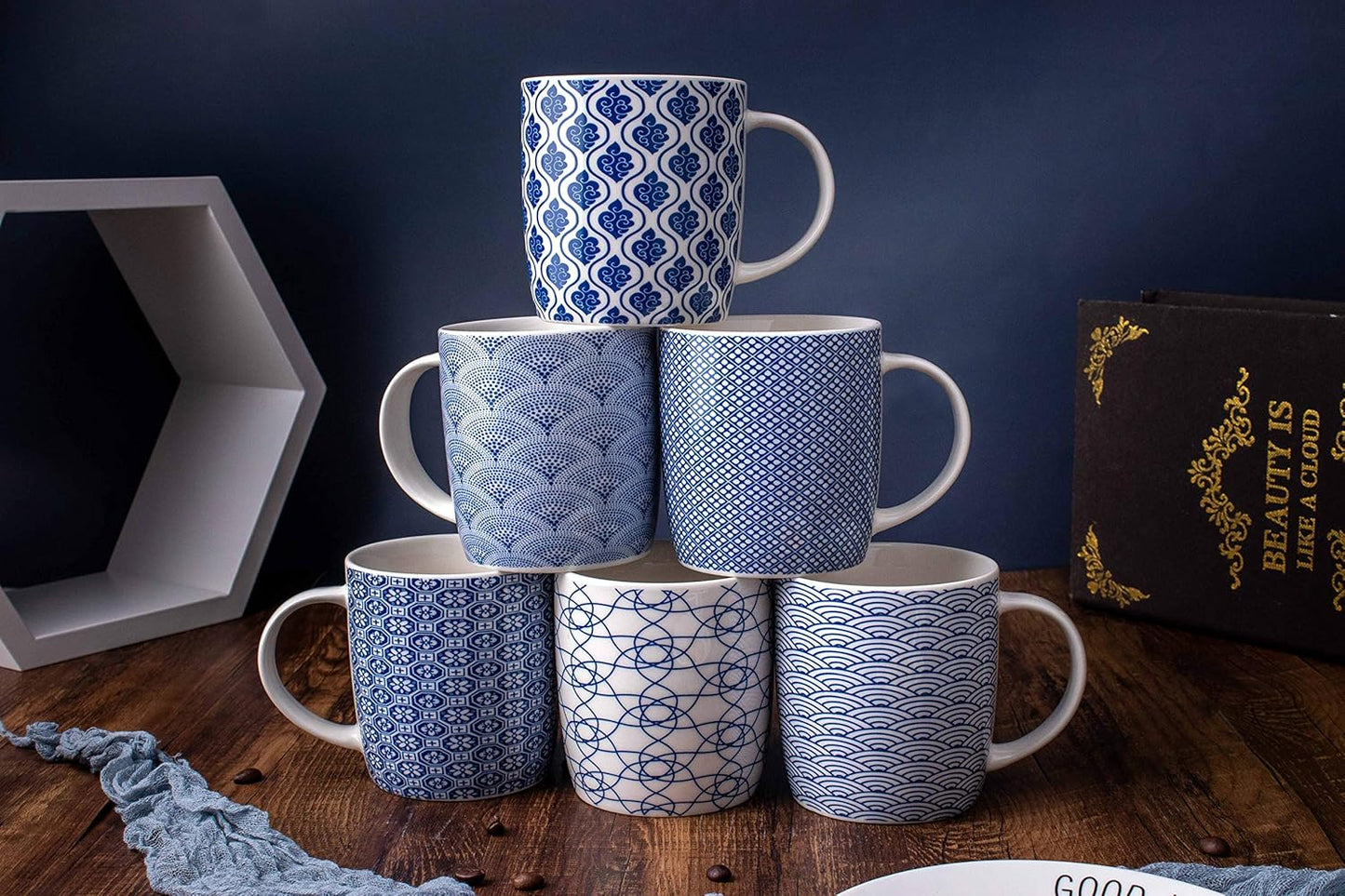 Set of 6 11.5 oz Coffee Mugs with Blue and White Geometric Patterns, Ceramic Tea Cup Set