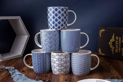 Set of 6 11.5 oz Coffee Mugs with Blue and White Geometric Patterns, Ceramic Tea Cup Set