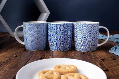 Set of 6 11.5 oz Coffee Mugs with Blue and White Geometric Patterns, Ceramic Tea Cup Set