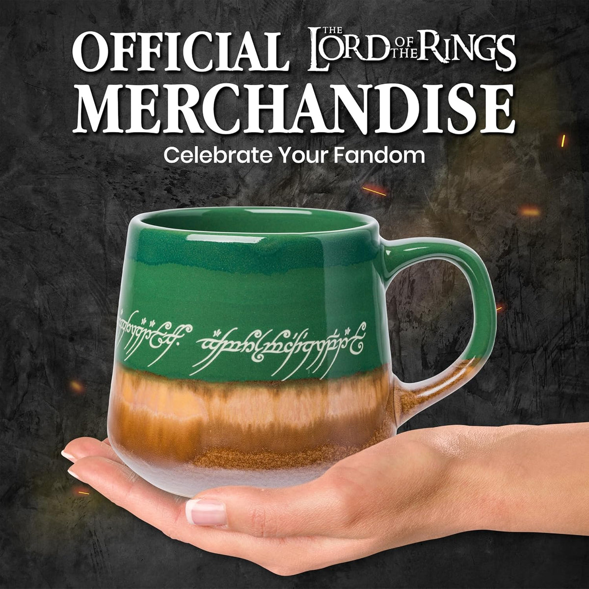 Silver Buffalo Lord of the Rings Elven, Reactive Glaze Pottery Mug, 14oz | High Gloss Finish, Tapered Shape, Elvish, Coffee Cup, Green, 0.4 Liters