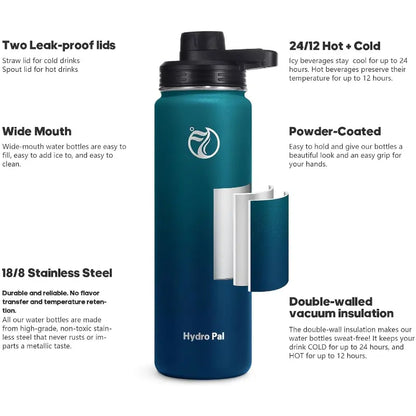 25oz Insulated Water Bottle w/ 2 Lids (Straw & Spout) - Stainless Steel, Double-Walled, Wide Mouth, Powder-Coated, Hot & Cold Thermos