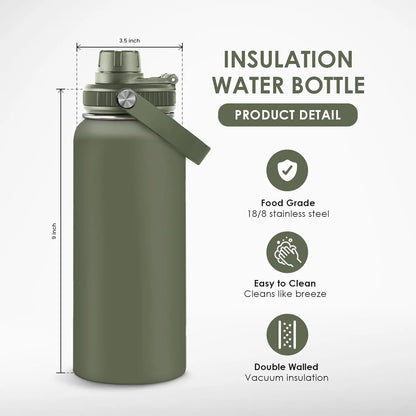 SANDJEST Summer Travel 32oz Sports Water Bottle with Spout Lid & Handle, Leak Proof Insulated Stainless Steel, Great for Outdoor, Gift for Men Him Dad
