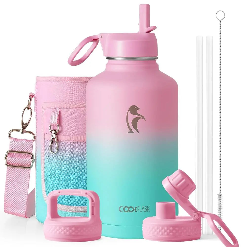 Coolflask 32/40/64/87/128oz Portable Insulated Water Bottle with Straw & 3 Lids, Stainless Steel Flask for Outdoor or Office, Travel Bottled Drinkware