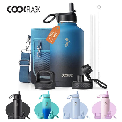 Coolflask 32/40/64/87/128oz Portable Insulated Water Bottle with Straw & 3 Lids, Stainless Steel Flask for Outdoor or Office, Travel Bottled Drinkware
