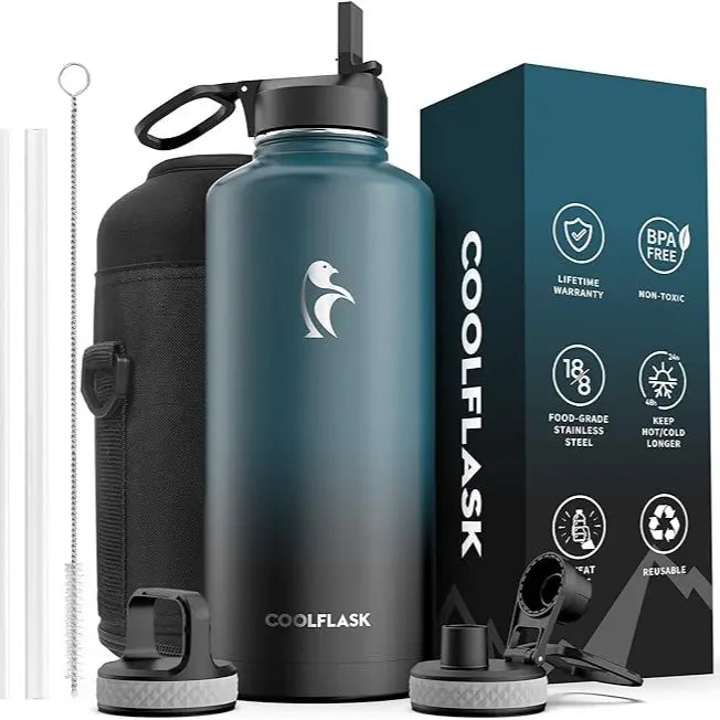 Coolflask 32/40/64/87/128oz Portable Insulated Water Bottle with Straw & 3 Lids, Stainless Steel Flask for Outdoor or Office, Travel Bottled Drinkware