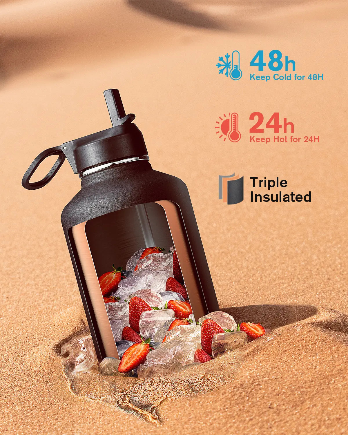 Coolflask 32/40/64/87/128oz Portable Insulated Water Bottle with Straw & 3 Lids, Stainless Steel Flask for Outdoor or Office, Travel Bottled Drinkware