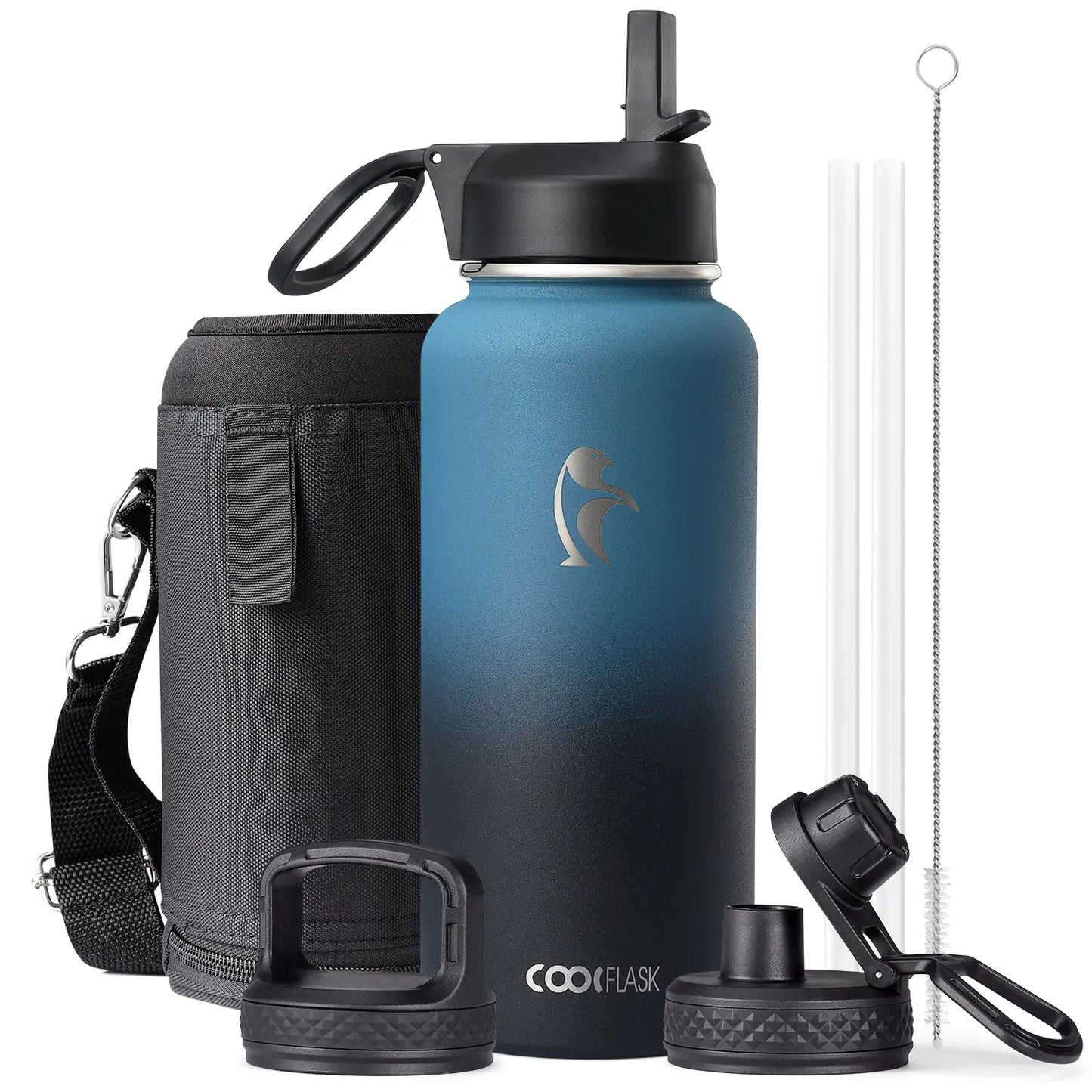 Coolflask 32/40/64/87/128oz Portable Insulated Water Bottle with Straw & 3 Lids, Stainless Steel Flask for Outdoor or Office, Travel Bottled Drinkware