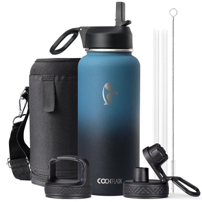 Coolflask 32/40/64/87/128oz Portable Insulated Water Bottle with Straw & 3 Lids, Stainless Steel Flask for Outdoor or Office, Travel Bottled Drinkware