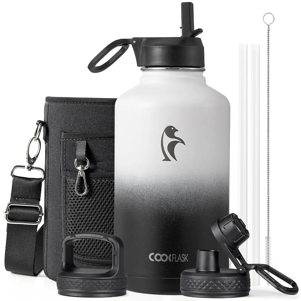 Coolflask 32/40/64/87/128oz Portable Insulated Water Bottle with Straw & 3 Lids, Stainless Steel Flask for Outdoor or Office, Travel Bottled Drinkware