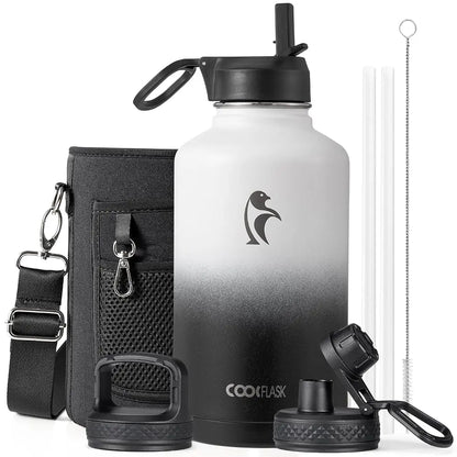 Coolflask 32/40/64/87/128oz Portable Insulated Water Bottle with Straw & 3 Lids, Stainless Steel Flask for Outdoor or Office, Travel Bottled Drinkware