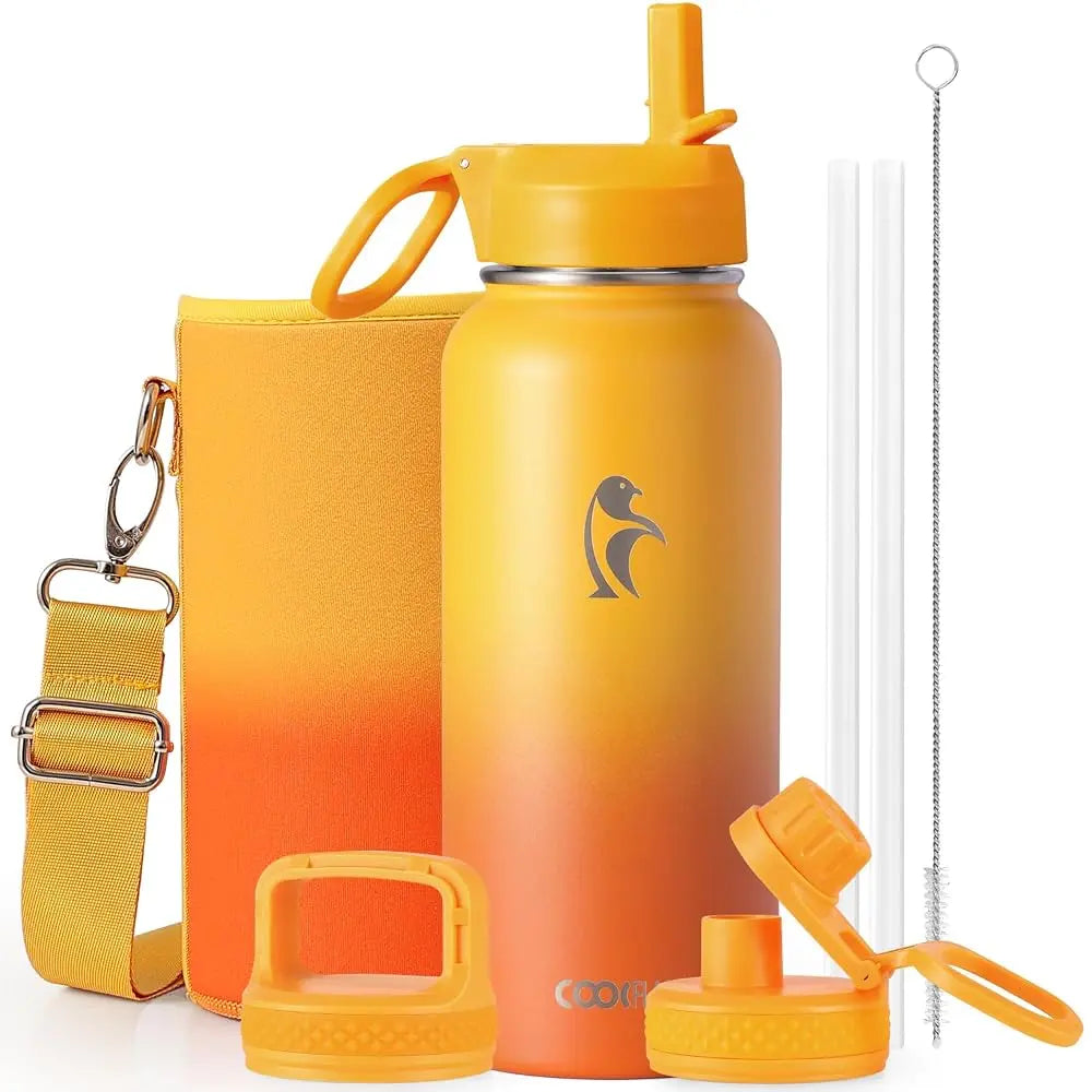 Coolflask 32/40/64/87/128oz Portable Insulated Water Bottle with Straw & 3 Lids, Stainless Steel Flask for Outdoor or Office, Travel Bottled Drinkware