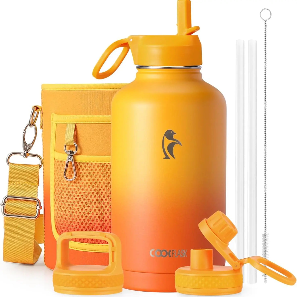 Coolflask 32/40/64/87/128oz Portable Insulated Water Bottle with Straw & 3 Lids, Stainless Steel Flask for Outdoor or Office, Travel Bottled Drinkware