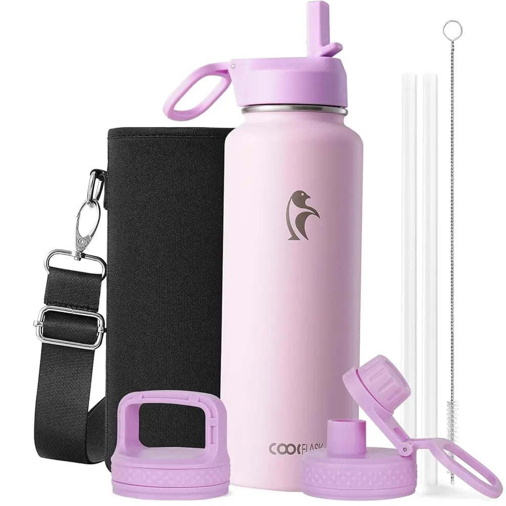 Coolflask 32/40/64/87/128oz Portable Insulated Water Bottle with Straw & 3 Lids, Stainless Steel Flask for Outdoor or Office, Travel Bottled Drinkware