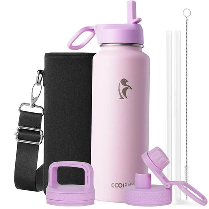 Coolflask 32/40/64/87/128oz Portable Insulated Water Bottle with Straw & 3 Lids, Stainless Steel Flask for Outdoor or Office, Travel Bottled Drinkware