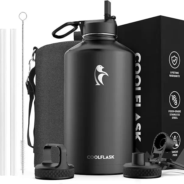 Coolflask 32/40/64/87/128oz Portable Insulated Water Bottle with Straw & 3 Lids, Stainless Steel Flask for Outdoor or Office, Travel Bottled Drinkware
