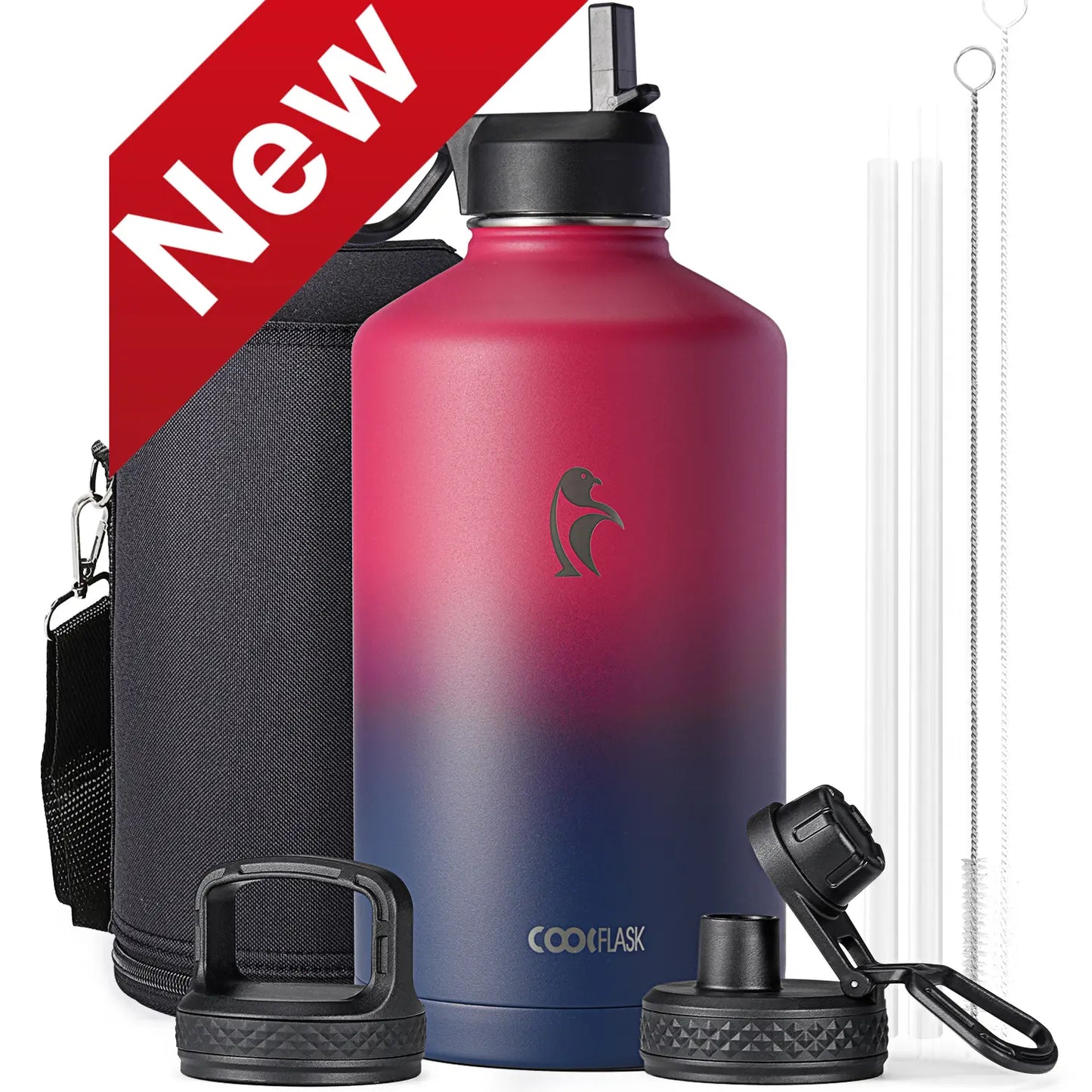 Coolflask 32/40/64/87/128oz Portable Insulated Water Bottle with Straw & 3 Lids, Stainless Steel Flask for Outdoor or Office, Travel Bottled Drinkware