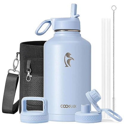 Coolflask 32/40/64/87/128oz Portable Insulated Water Bottle with Straw & 3 Lids, Stainless Steel Flask for Outdoor or Office, Travel Bottled Drinkware