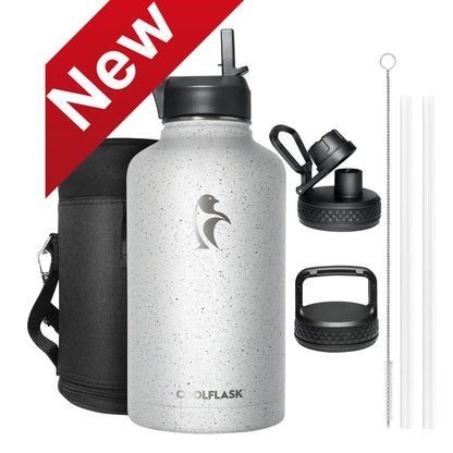Coolflask 32/40/64/87/128oz Portable Insulated Water Bottle with Straw & 3 Lids, Stainless Steel Flask for Outdoor or Office, Travel Bottled Drinkware