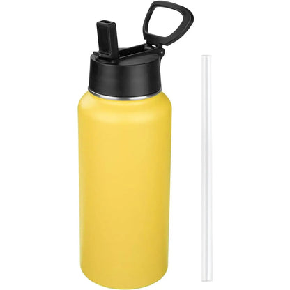 Insulated Water Bottle With Straw,32 oz Vacuum Insulated Stainless Steel  Water Flask,Keeps Cold and Hot,Metal Water Bottle Wide Mouth for Gym Travel Camping (Black)