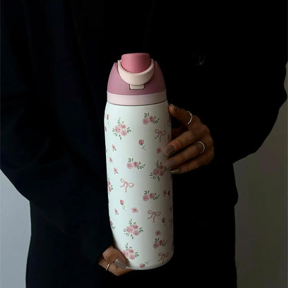 Floral Pattern Vacuum Flask, 1 Count Portable Large-Capacity Water Bottle with Straw, Leakproof Insulated Tumbler, Drinking Cup for Home, Office, School & Outdoor Camping, Drinkware #GLOBAL PICKS