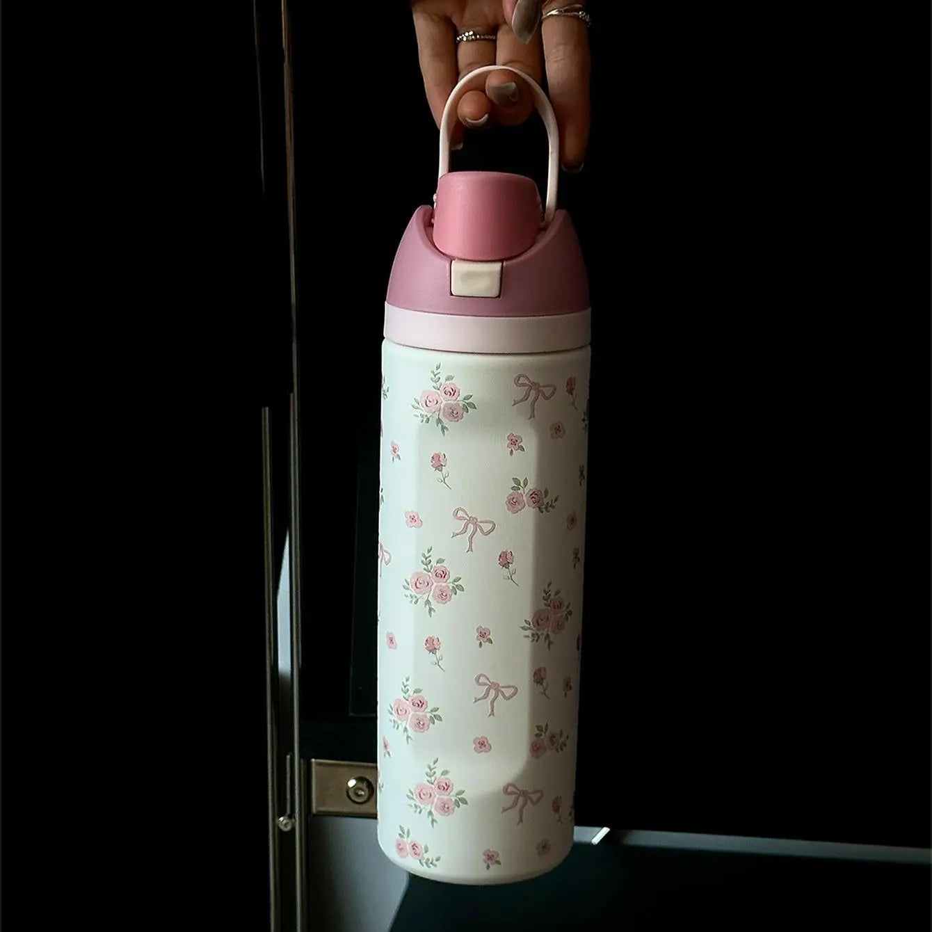 Floral Pattern Vacuum Flask, 1 Count Portable Large-Capacity Water Bottle with Straw, Leakproof Insulated Tumbler, Drinking Cup for Home, Office, School & Outdoor Camping, Drinkware #GLOBAL PICKS