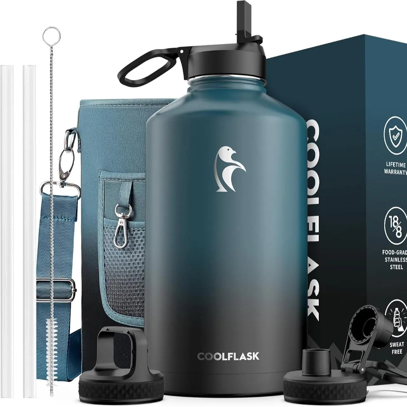 Coolflask 32/40/64/87/128oz Portable Insulated Water Bottle with Straw & 3 Lids, Stainless Steel Flask for Outdoor or Office, Travel Bottled Drinkware